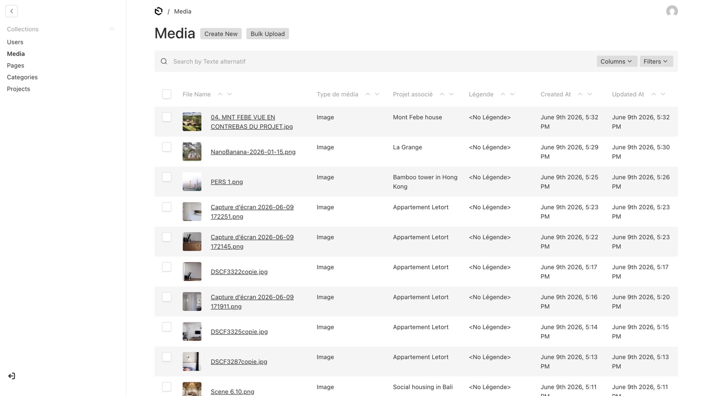 Payload CMS media library listing architecture project images