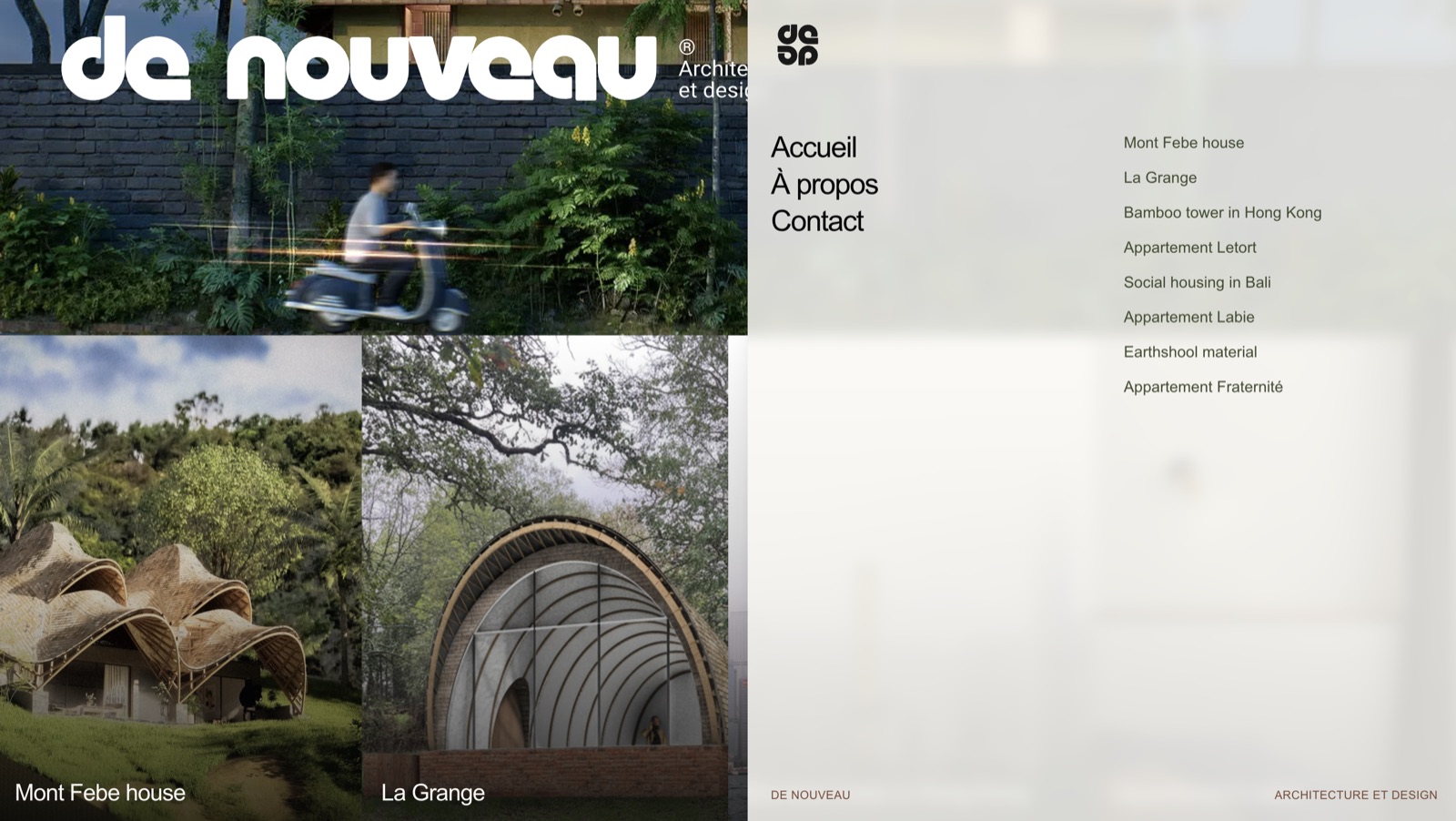 De Nouveau navigation overlay with site links and architecture project list