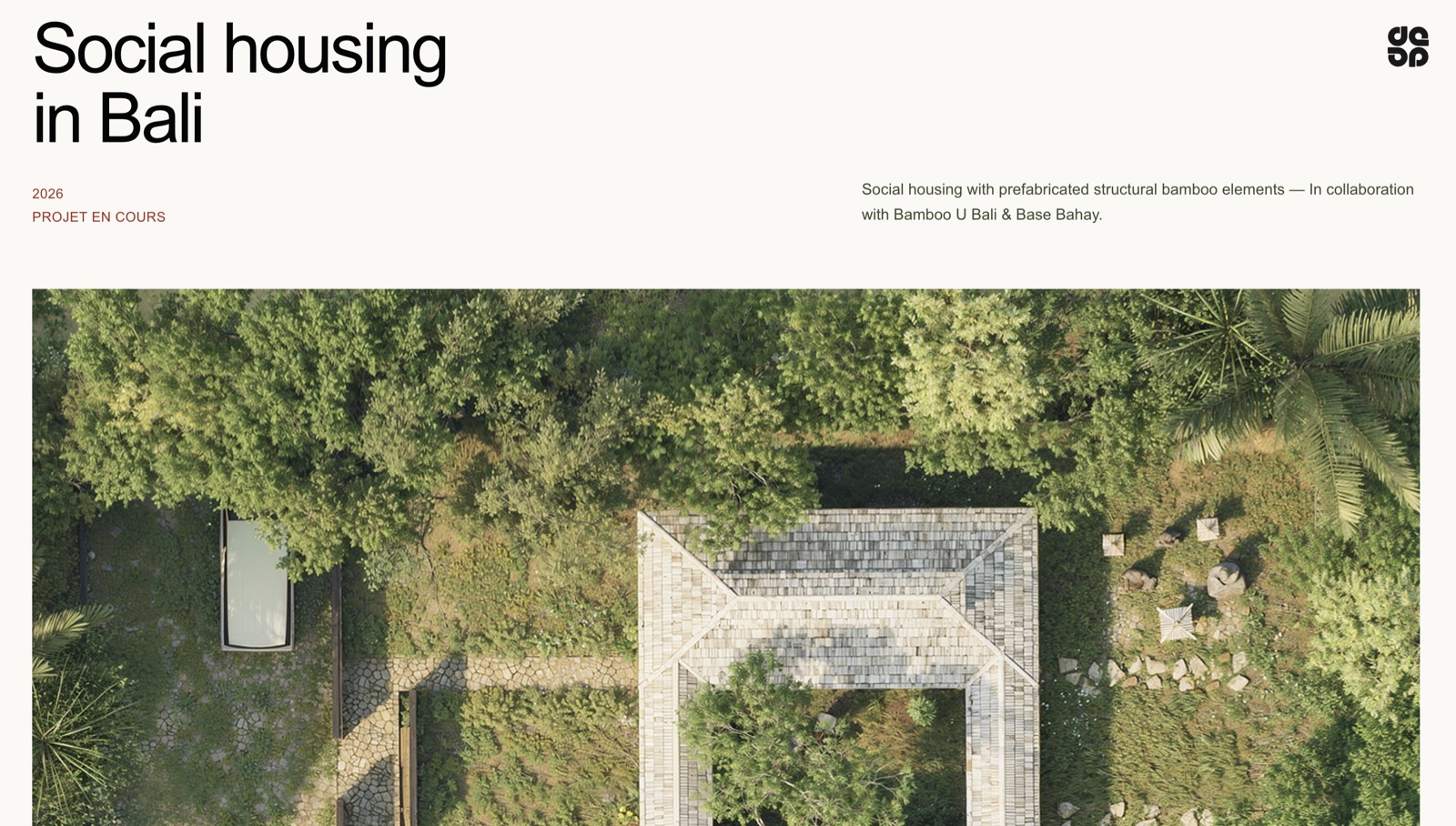 Social housing in Bali project page with aerial architectural rendering