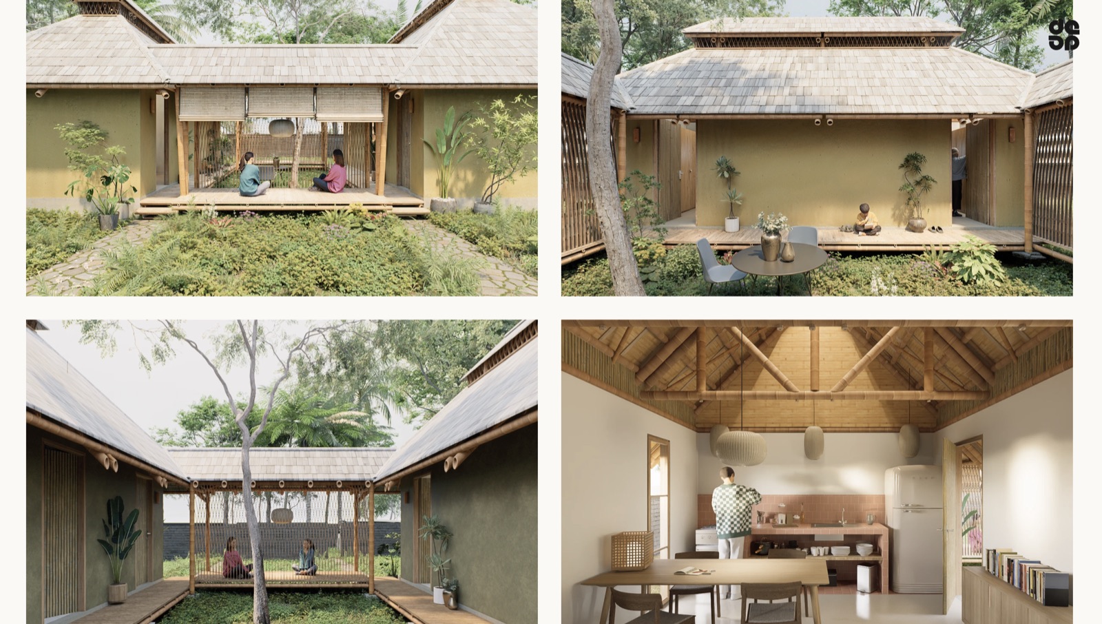 Social housing in Bali gallery with exterior courtyard and kitchen renderings