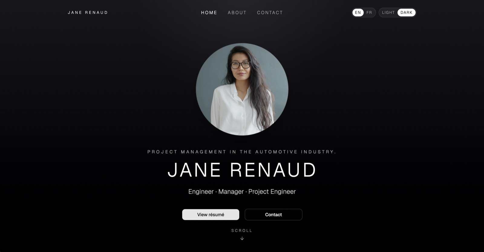 Executive portfolio homepage displayed in dark mode