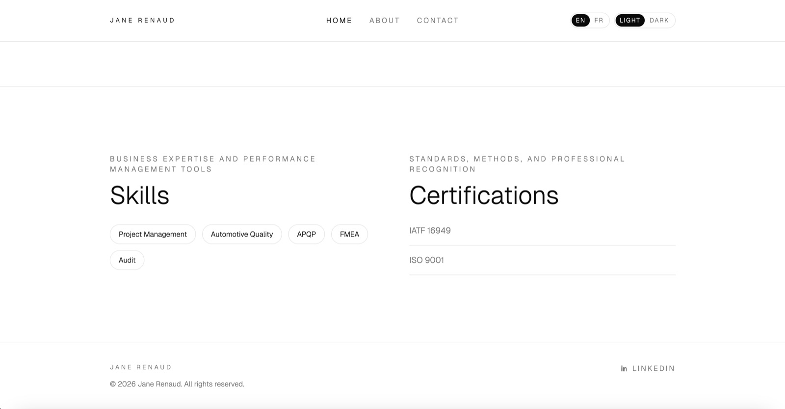 Executive portfolio skills and certifications section