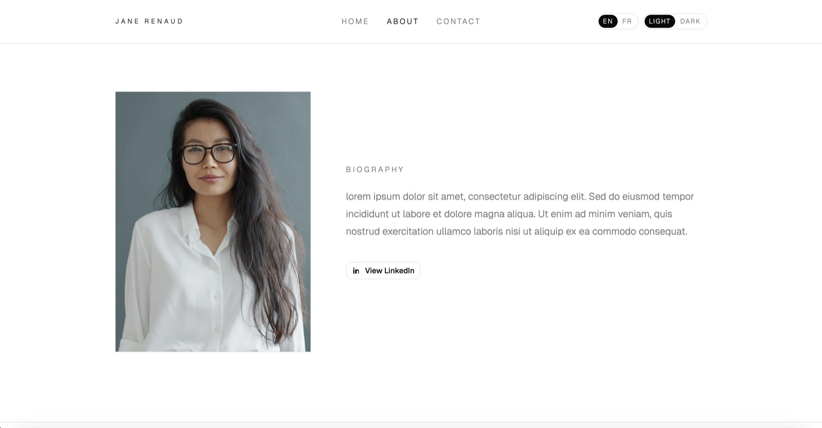 Executive portfolio about page with portrait and biography