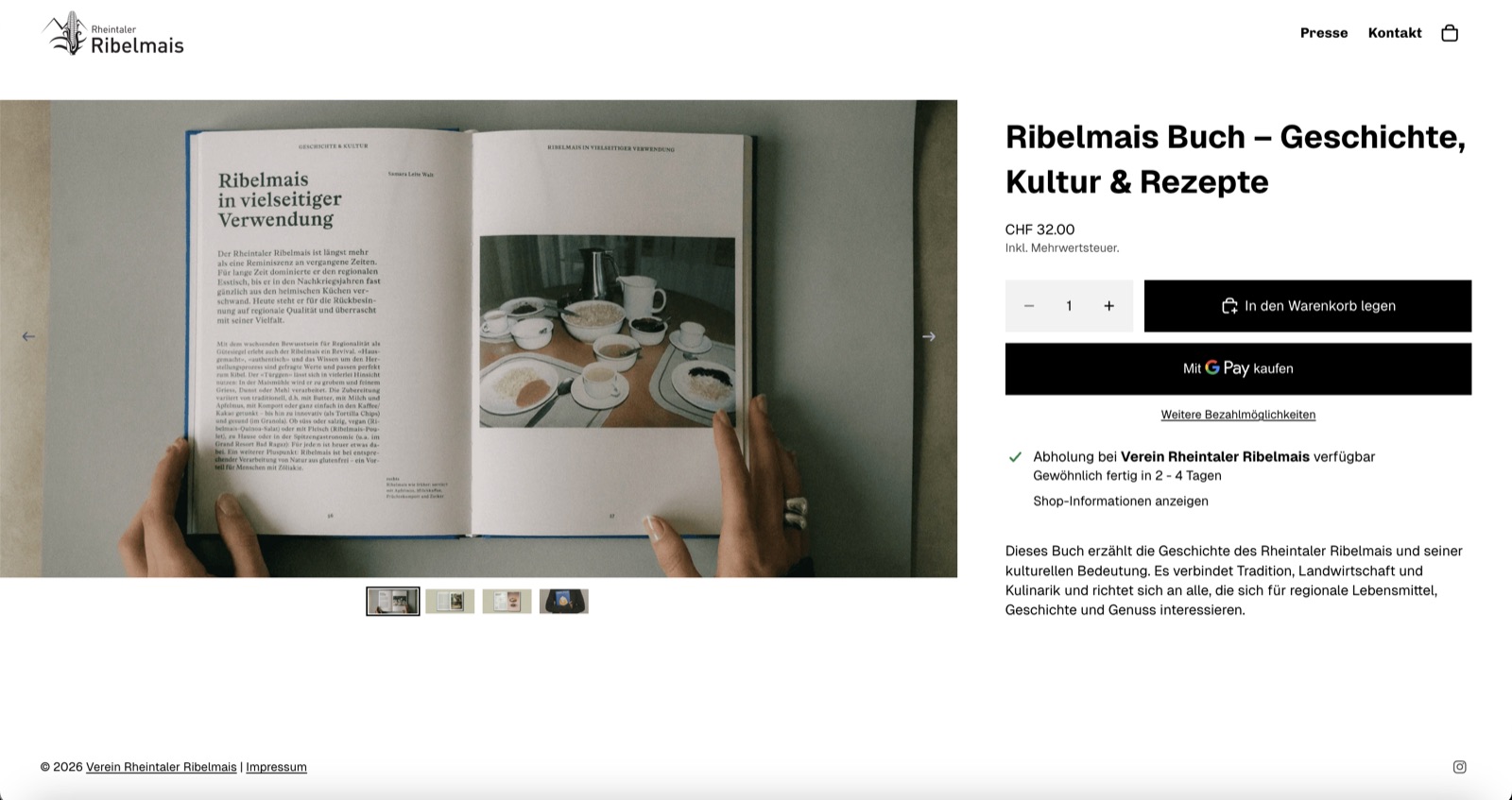 Ribelmais Buch product page with an open book and Shopify purchase controls